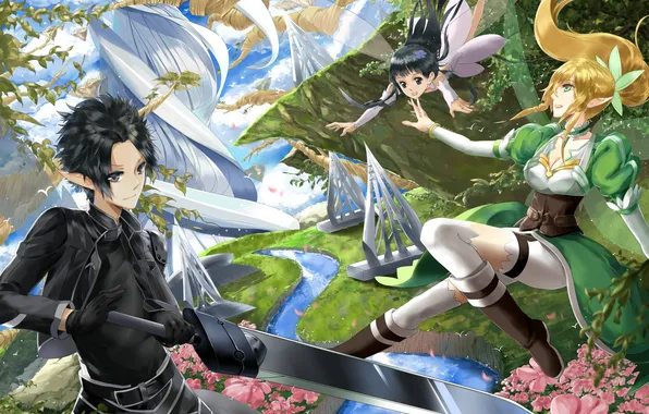 Picture forest, trees, flowers, river, weapons, sword, elves, sword