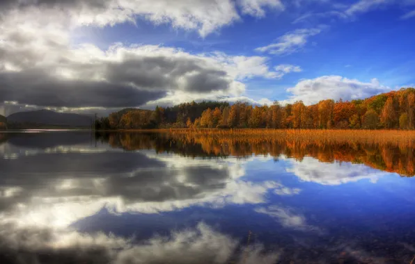 Autumn, the sky, lake, mirror