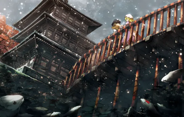 Snow, Japan, pagoda, bottom view, maribel hearn, on the bridge, Touhou Project, Project East