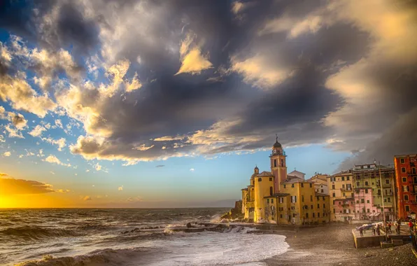 Picture sea, beach, shore, Italy, Church, Italy, travel, Camogli