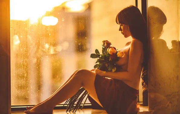 Chest, look, glass, girl, the sun, light, flowers, the city