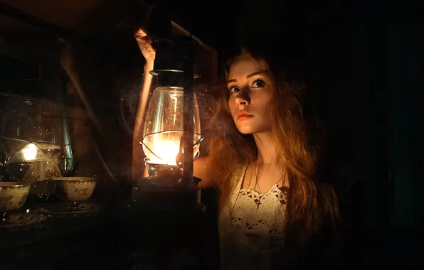 Picture girl, darkness, lantern, Dasha