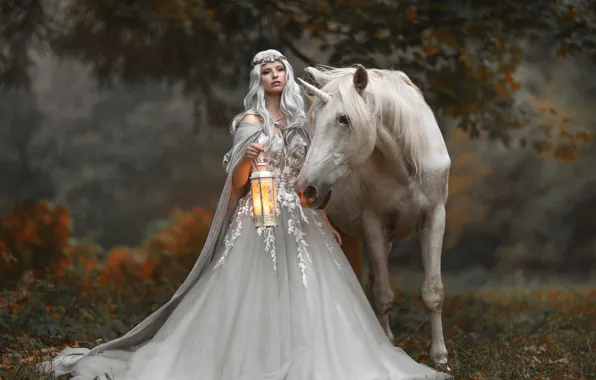 Autumn, girl, style, horse, horse, fantasy, unicorn, lantern