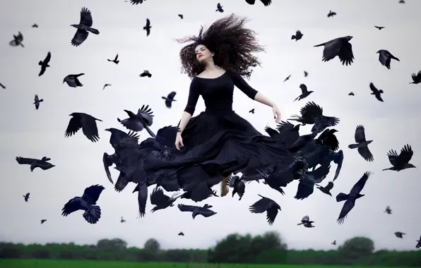 Picture girl, birds, crows