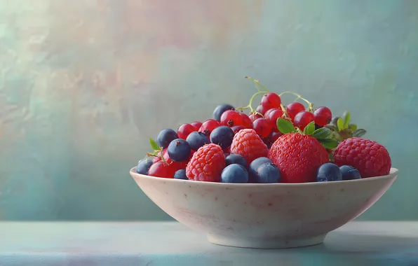 Berries, raspberry, table, wall, blueberries, strawberry, bowl, light background