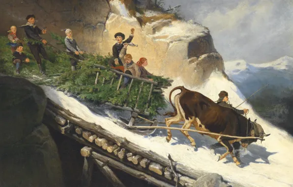 Picture Austrian painter, Austrian painter, Farmer Sleigh in the Salzburger Alps, oil on panel, Peasant sleigh …