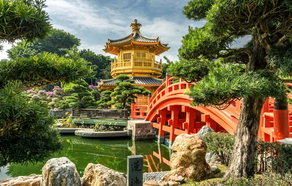 Trees, nature, pond, stones, Hong Kong, China, pagoda, the bridge