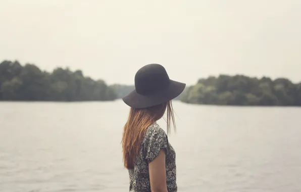 Girl, hat, lake, hair