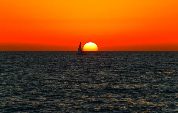Picture sea, sunset, boat, horizon, sailing, orange sky