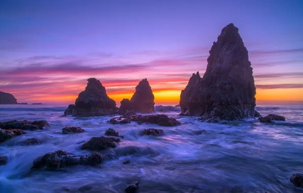 Sea, wave, purple, the sky, clouds, landscape, sunset, blue