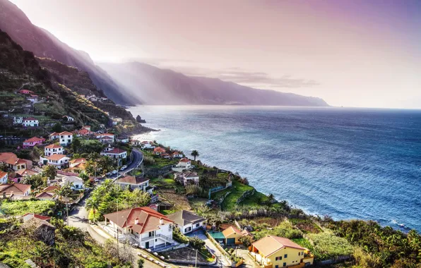 Sea, the sky, mountains, rocks, coast, home, horizon, Portugal