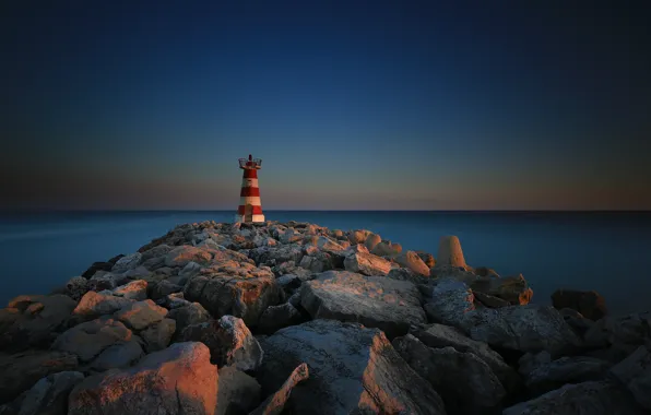 Sea, stones, lighthouse, Portugal, Faro, the breakwater, Vilamoura