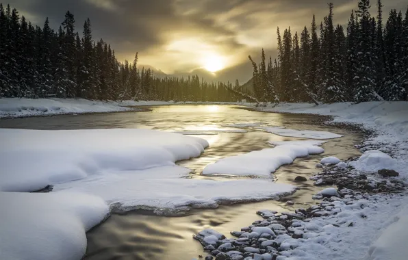 Winter, snow, landscape, sunset, nature, river, beauty