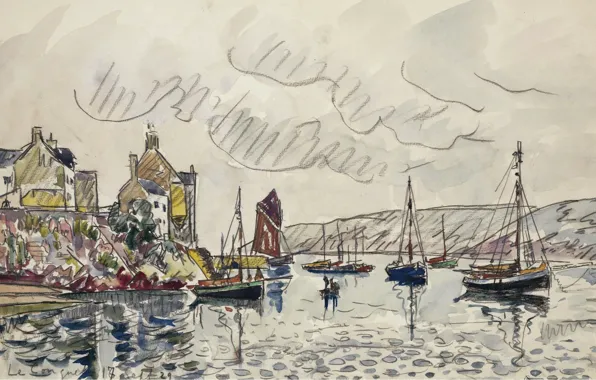 The city, boat, figure, watercolor, sail, 1929, Le Conquet, Paul Signac