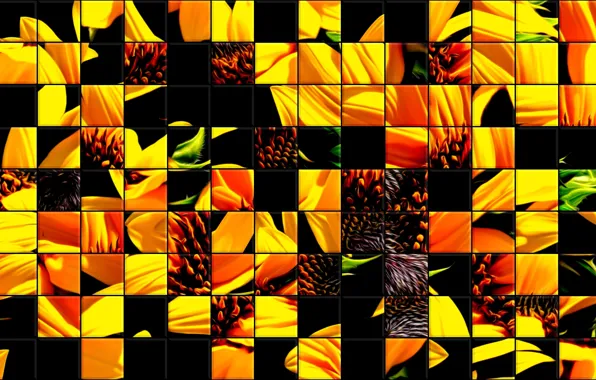 Picture glass, sunflowers, mosaic, tile, colors, texture, abstract drawing, background •