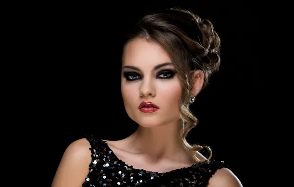 Picture look, girl, background, black, hair, makeup, dress, hairstyle
