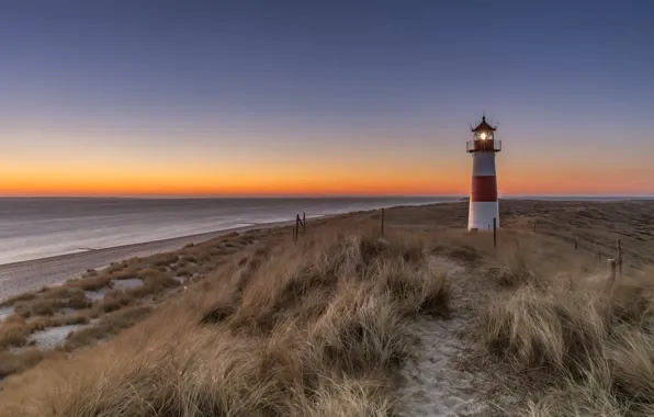 Sea, sunset, shore, lighthouse