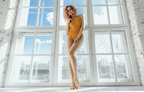 Picture swimsuit, girl, pose, figure, window, legs, curls, on the windowsill
