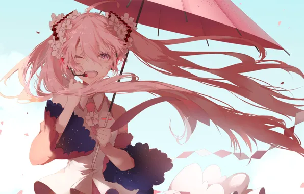 The wind, umbrella, microphone, vocaloid, Hatsune Miku, Vocaloid, art, wink