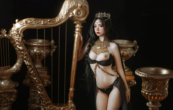 Decoration, gold, brunette, harp, Asian, black background, cutie, vases