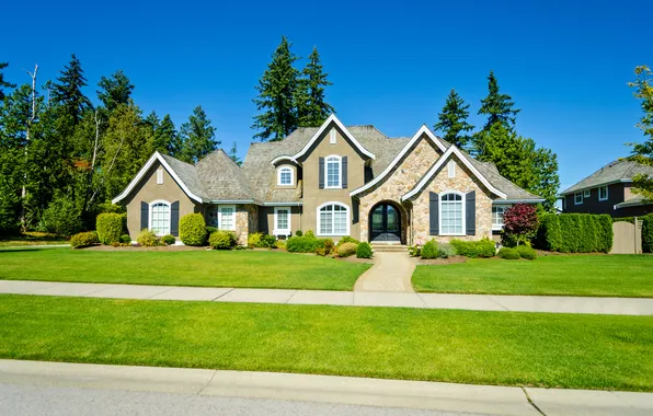 Picture road, greens, grass, trees, design, house, lawn, street