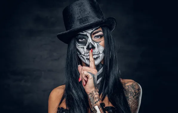 Picture hat, brunette, makeup, finger, day of the dead