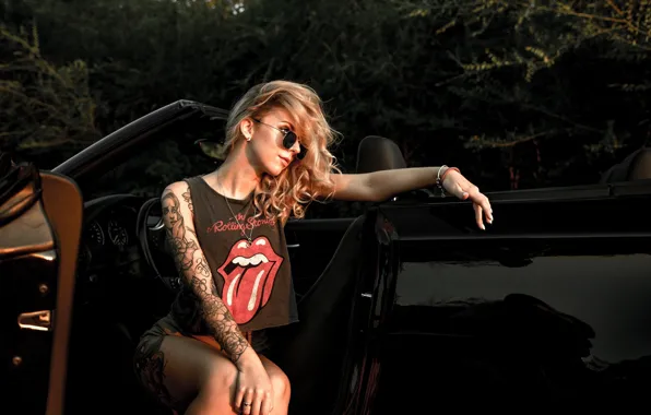 Picture model, women, blonde, sitting, women outdoors, women with glasses, women with cars, inked girls