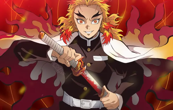 Look, sword, guy, Demon Slayer Kimetsu no Yaiba, The Blade Cleaves Demons, Kyojuro Rengoku