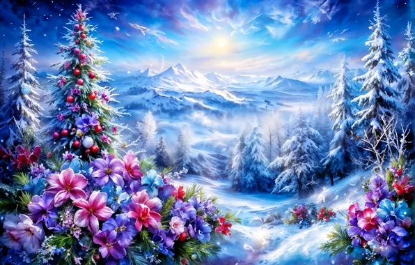 Forest, snow, decoration, flowers, mountains, valley, New year, tree