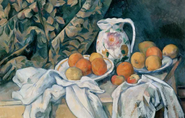 Picture, pitcher, fruit, Paul Cezanne, Paul Cezanne, Still life with Curtain
