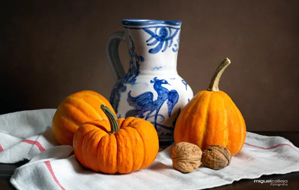 Walnut, pumpkin, vase, still life