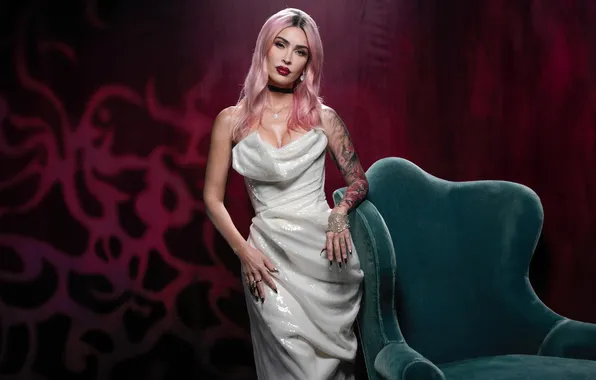 Look, Megan Fox, pose, Megan Fox, chair, makeup, figure, actress
