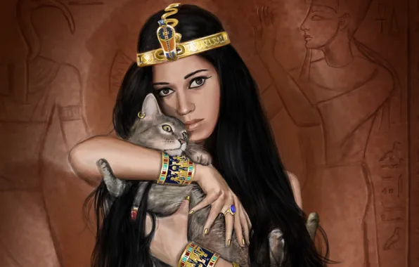 Picture cat, girl, decoration, art, Egypt, Egyptian, Queen
