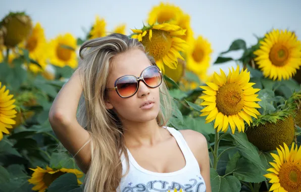 Summer, girl, sunflowers