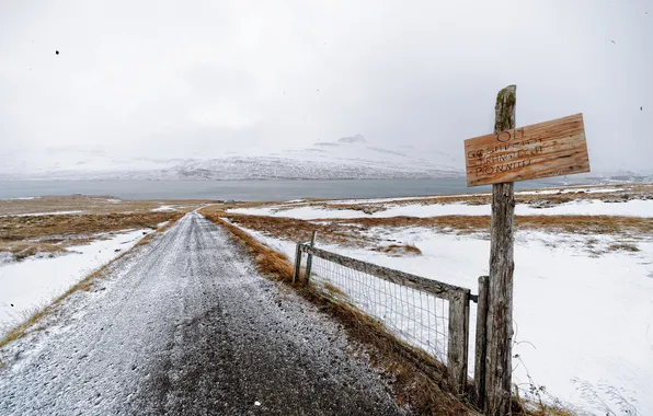 Road, snow, landscape, sign