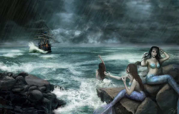 Picture sea, stones, fiction, the ocean, ship, art, mermaid, siren