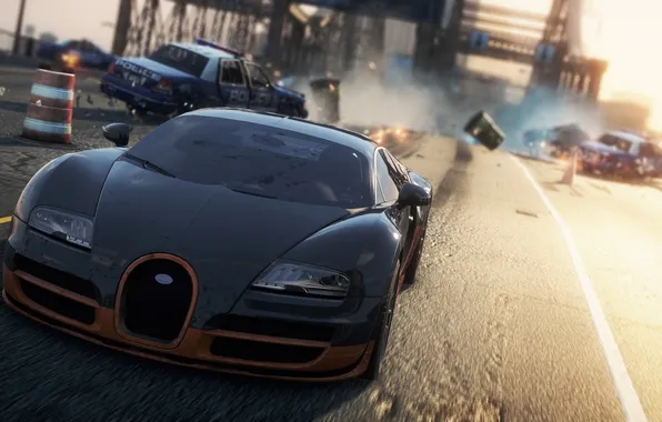 Crash, race, police, chase, Bugatti Veyron Super Sport, need for speed most wanted 2