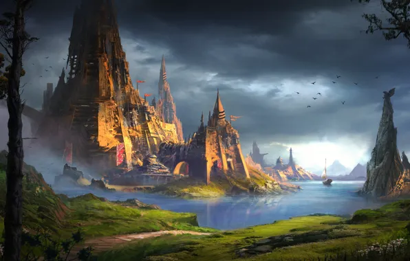 The city, River, The world, City, World, Fantasy, Landscape, Art