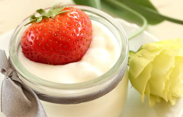 Food, roses, strawberry, tape, Bank, dessert, sweet, yogurt