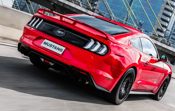 Red, speed, Ford, rear view, Fastback, 2018, Mustang GT