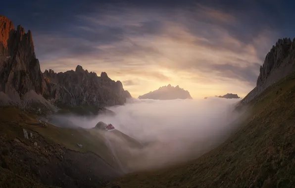 The sky, clouds, mountains, fog, house, open, rocks, dawn