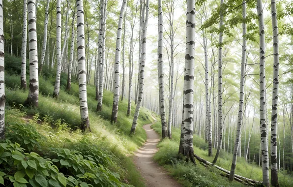 Forest, trees, nature, slope, birch, grove, birch grove, AI art