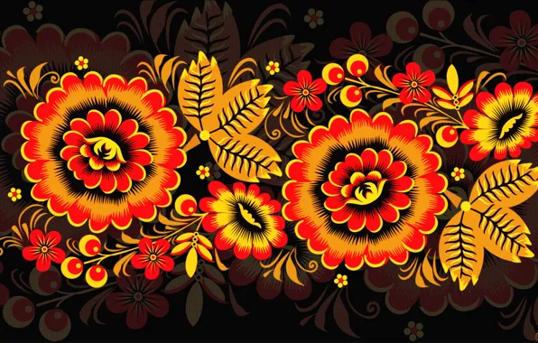 Flowers, Pattern, Style, Background, Painting, Art, Khokhloma, Khokhloma painting