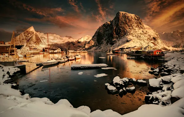 Winter, the sky, clouds, light, snow, sunset, mountains, stones