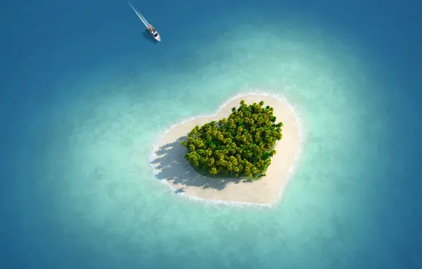 Picture sea, Islands, love, tropics, palm trees, heart, boat, Love island