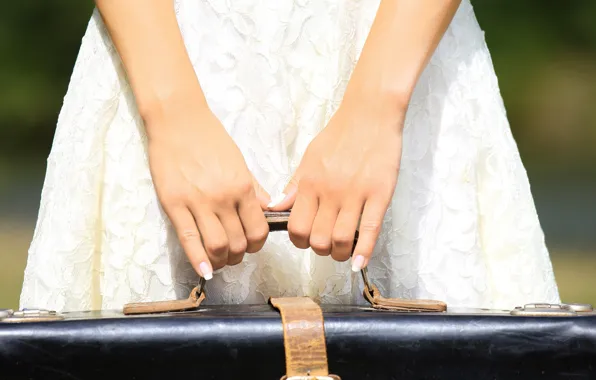 Picture girl, background, Wallpaper, mood, hands, dress, wallpaper, suitcase