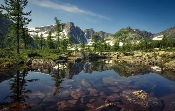 Snow, trees, landscape, mountains, nature, stones, pond, Vyacheslav Kholzakov