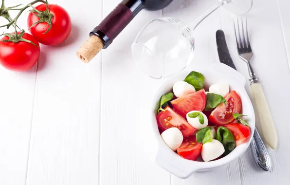 Wine, glass, tomatoes, salad, Basil, mozzarella