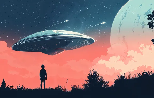 Picture aliens, science fiction, art, starry sky, UFOs