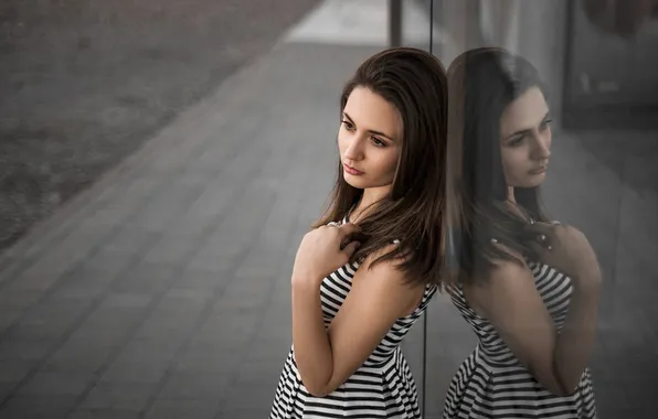 Pose, reflection, model, hand, portrait, makeup, dress, hairstyle